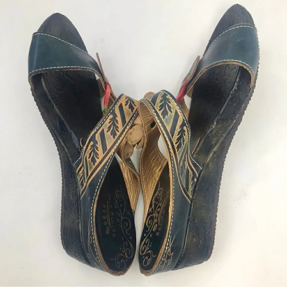 Spring Step Tooled Leather Colorful Flower Slip On Wedge Sandals - Picture 5 of 13